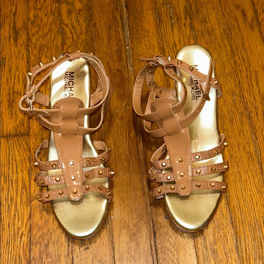 Michael Kors Tan and Gold Strappy Sandals